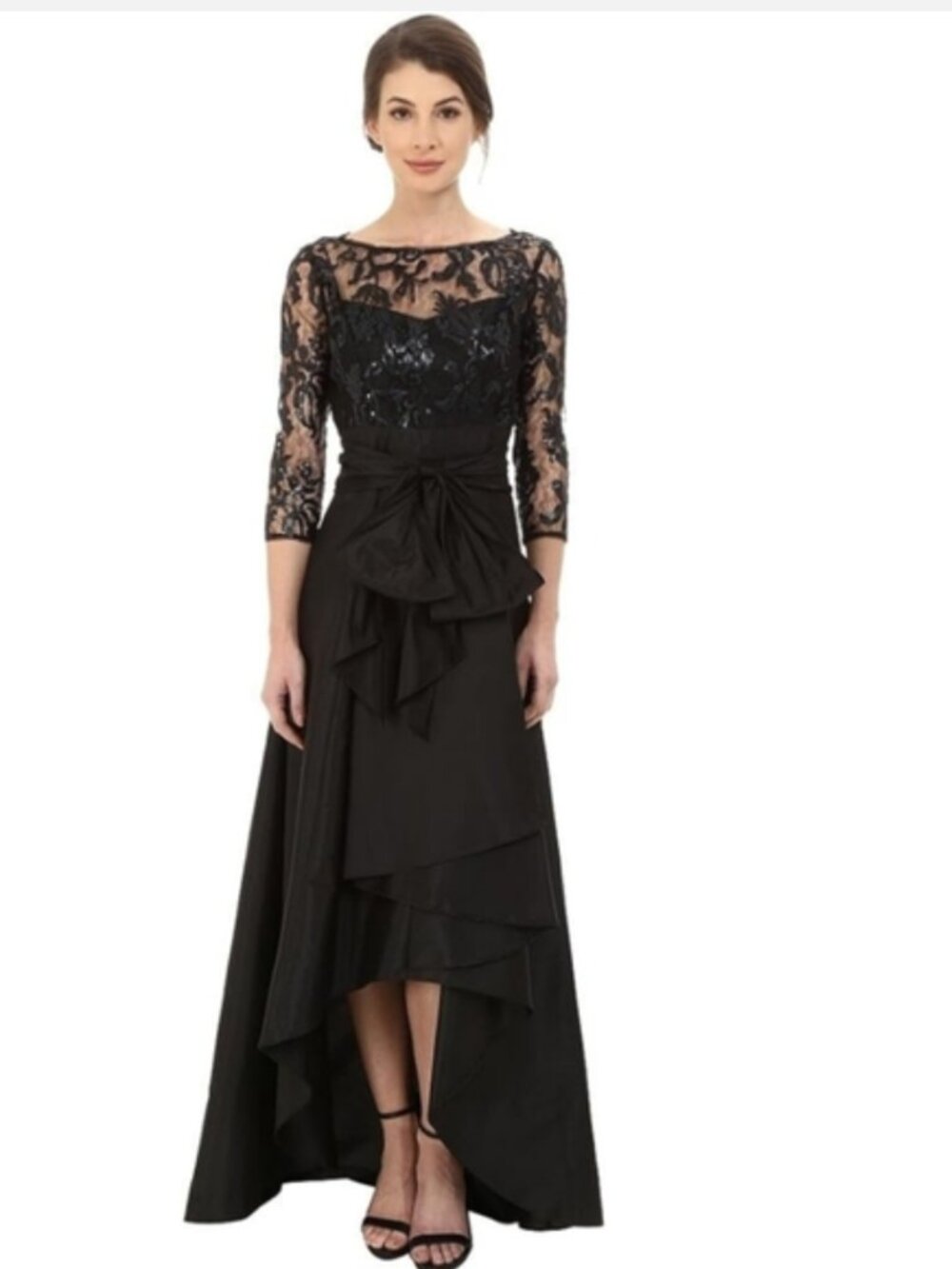 Adrianna Papell Black Sequin Lace Dress High Low Taffeta Gown Size 12